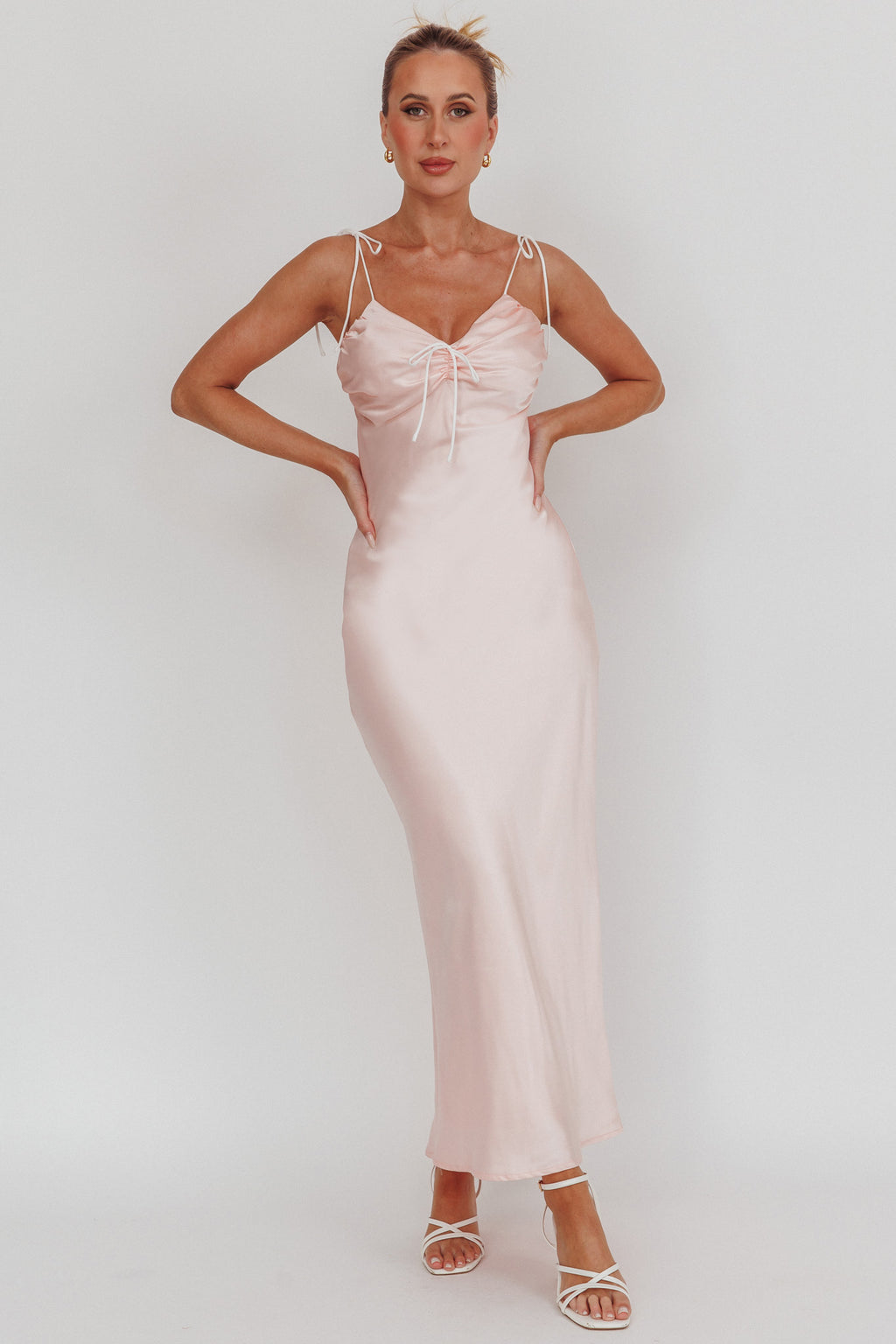 Slow Burn Tied Shoulders Satin Maxi Dress Pink by Selfie Leslie