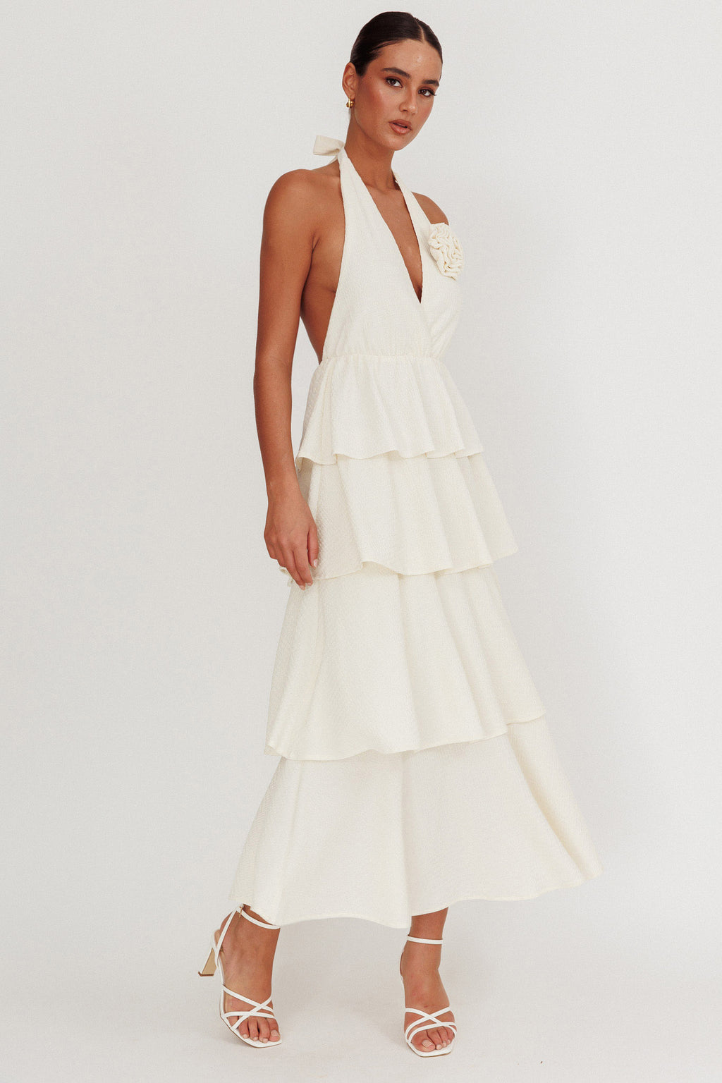 Kimberley Halter Neck Ruffle Maxi Dress Beige by Selfie Leslie