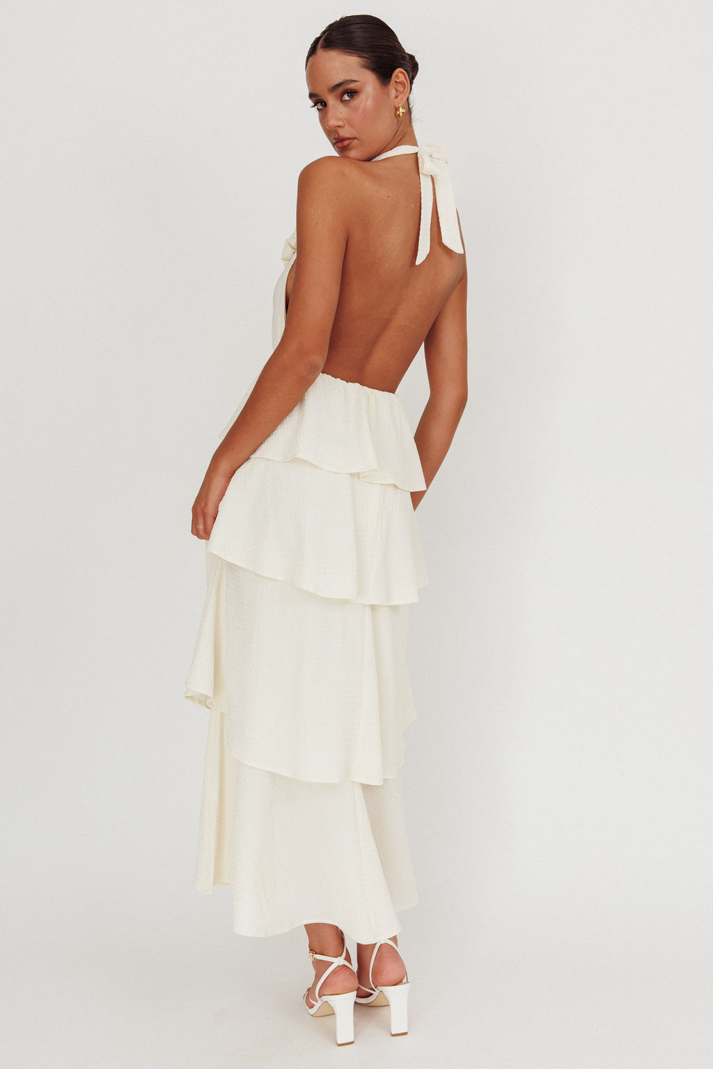 Kimberley Halter Neck Ruffle Maxi Dress Beige by Selfie Leslie