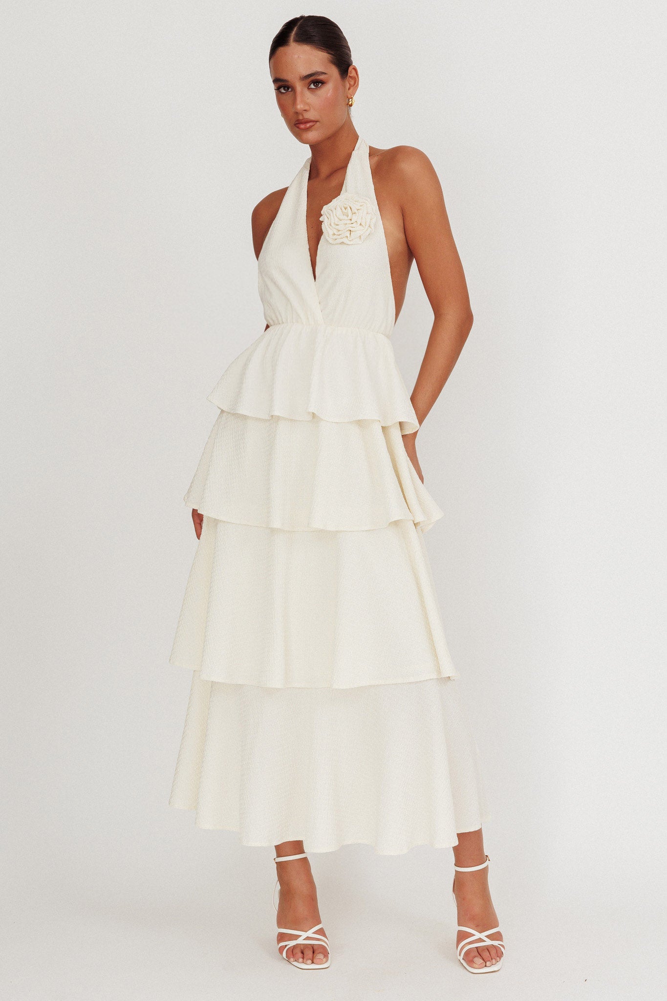 Shop the Kimberley Halter Neck Ruffle Maxi Dress Beige