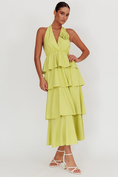 Kimberley Halter Neck Ruffle Maxi Dress Matcha - M Kimberley Halter Neck Ruffle Maxi Dress Matcha - M