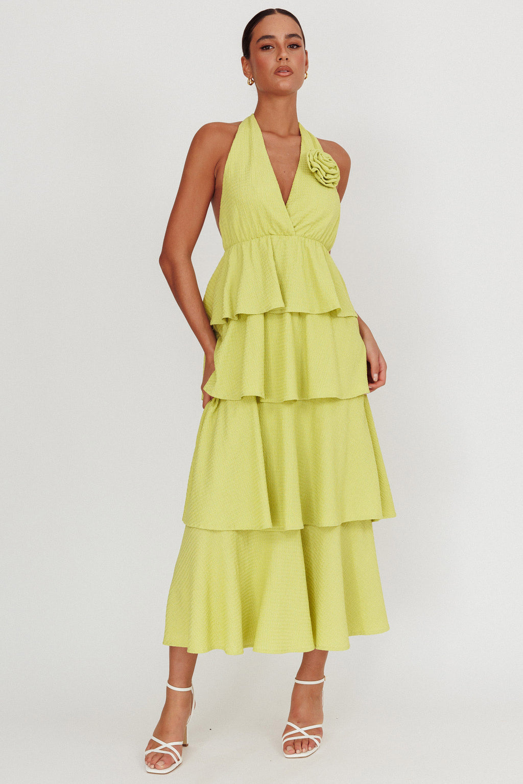 Kimberley Halter Neck Ruffle Maxi Dress Matcha by Selfie Leslie