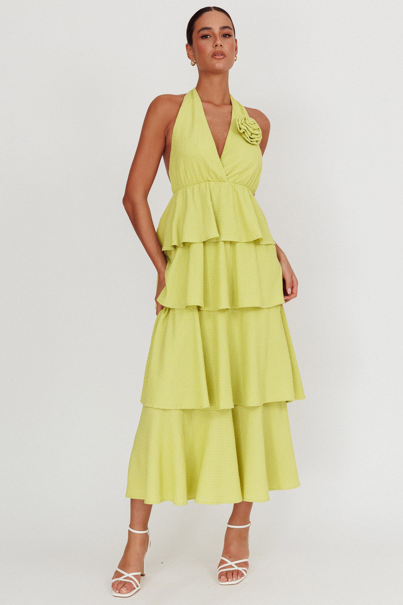 Kimberley Halter Neck Ruffle Maxi Dress Matcha by Selfie Leslie