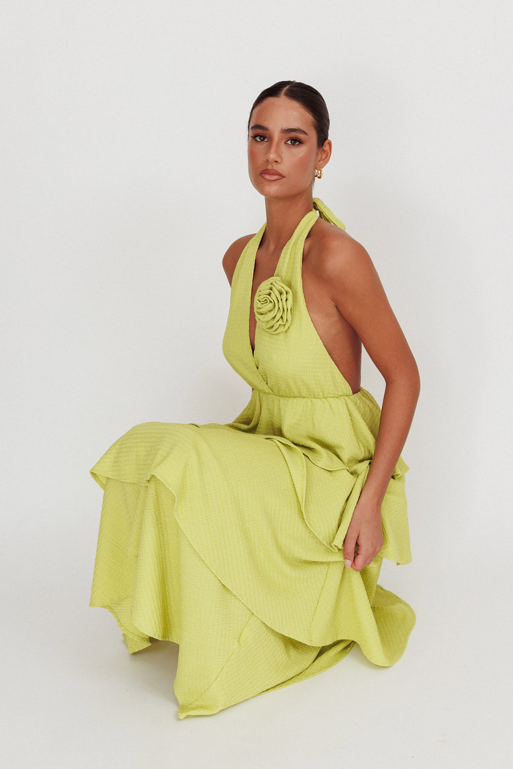 Kimberley Halter Neck Ruffle Maxi Dress Matcha - S Kimberley Halter Neck Ruffle Maxi Dress Matcha - S