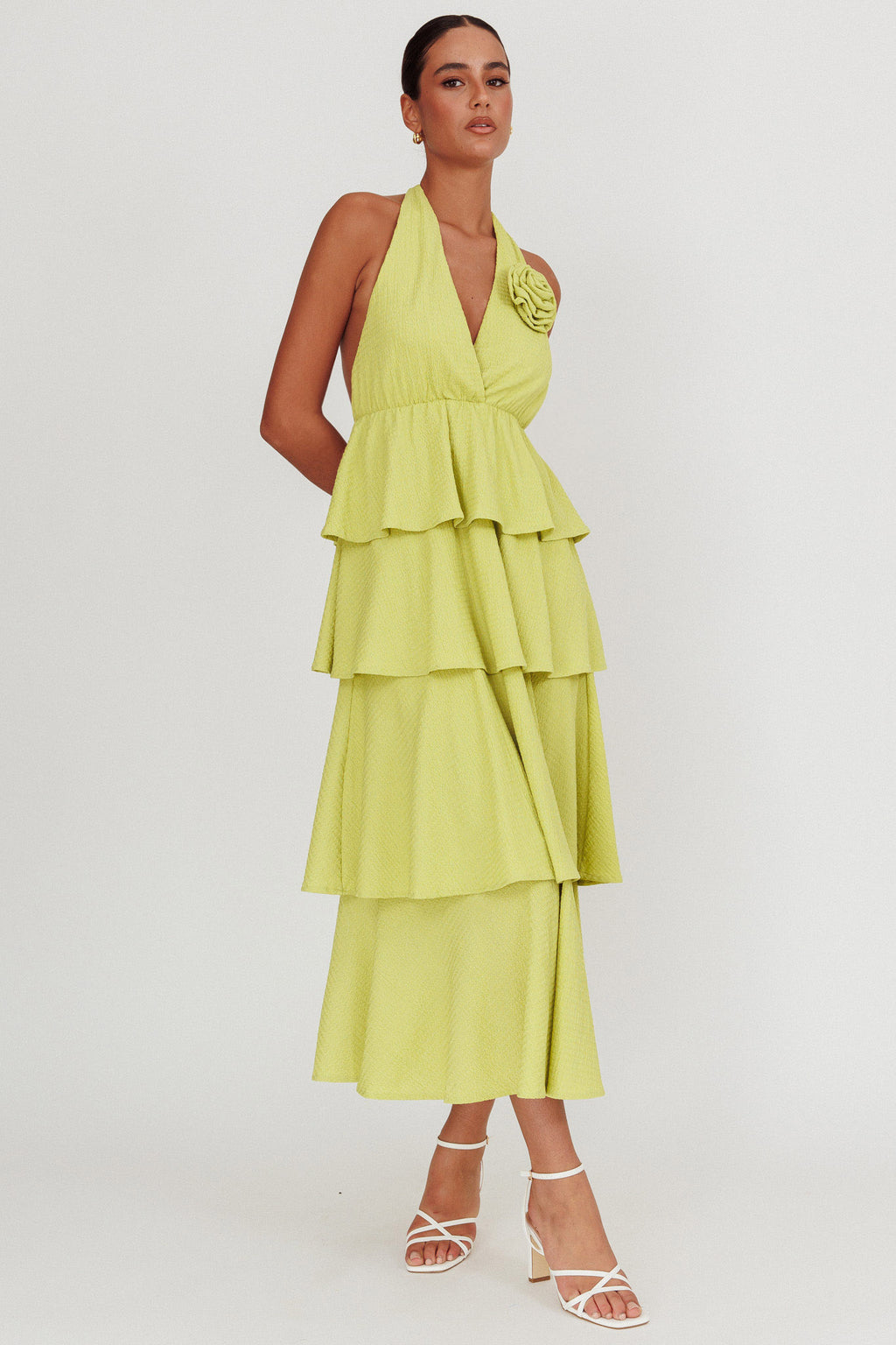 Kimberley Halter Neck Ruffle Maxi Dress Matcha by Selfie Leslie