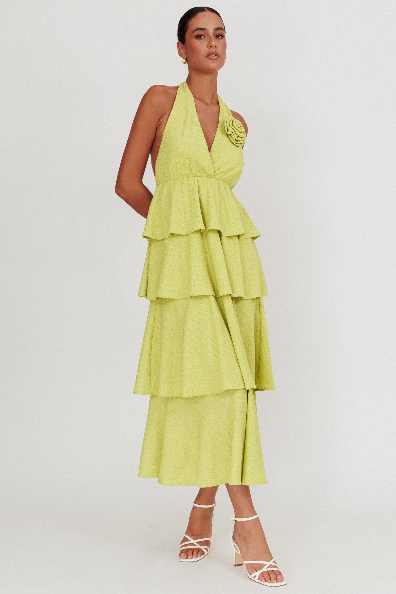 Kimberley Halter Neck Ruffle Maxi Dress Matcha by Selfie Leslie