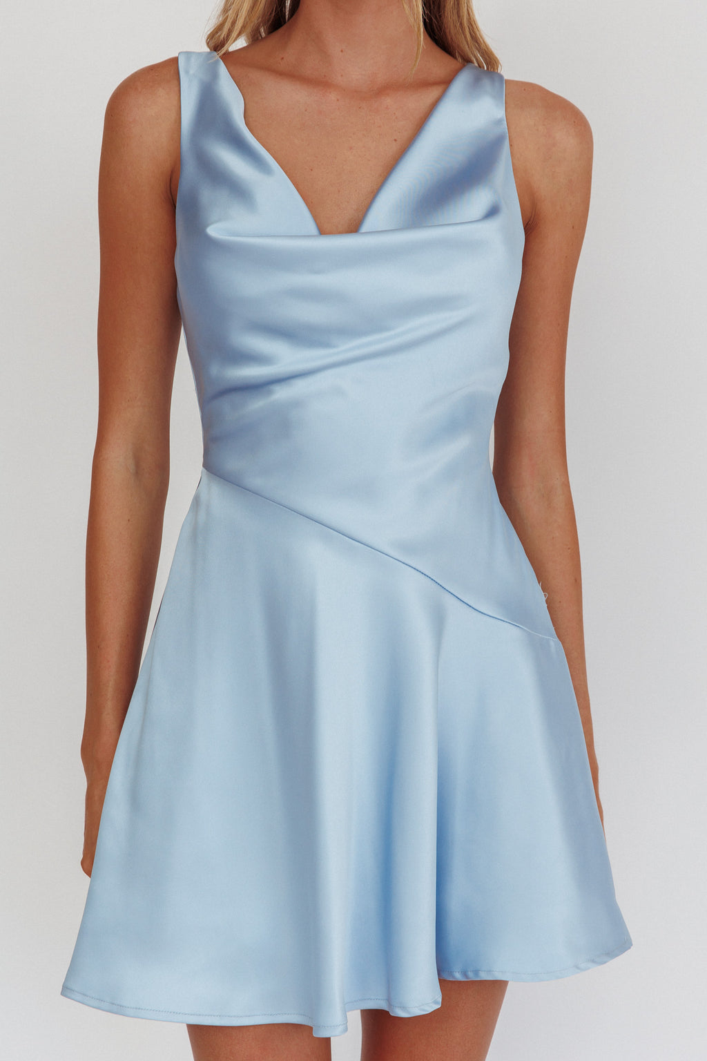 Brigid Cowl Neck Scoop Back Mini Dress Blue by Selfie Leslie