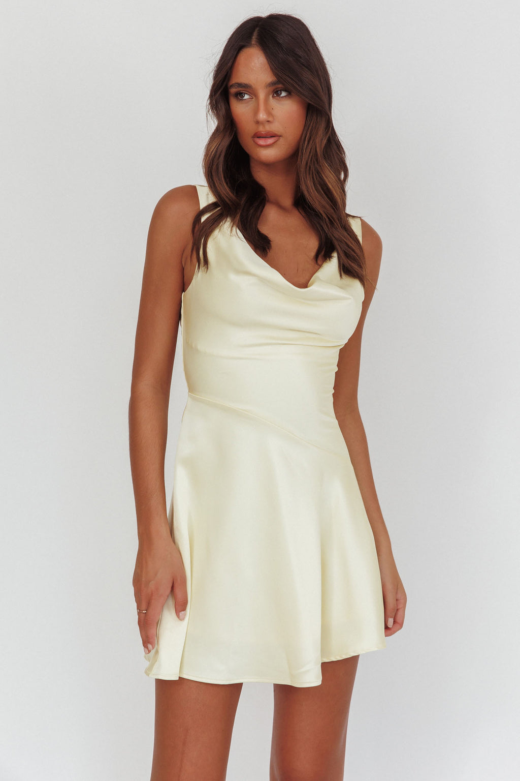 Brigid Cowl Neck Scoop Back Mini Dress Butter by Selfie Leslie