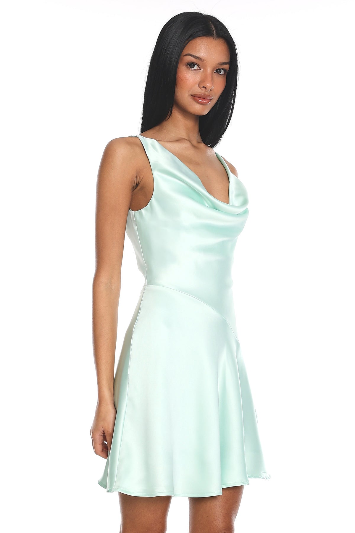 Brigid Cowl Neck Scoop Back Mini Dress Mint by Selfie Leslie