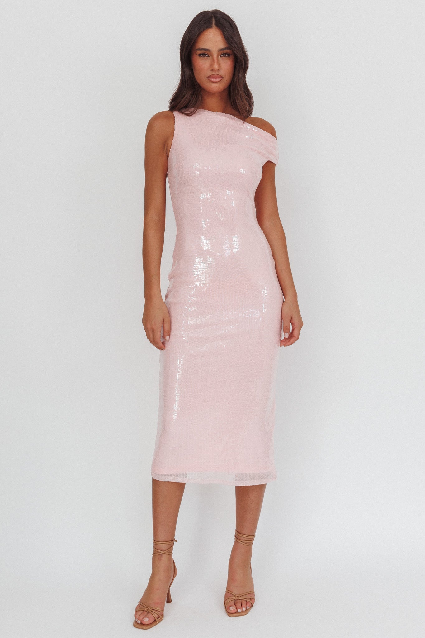 white christmas dresses Country Club Asymmetric Neckline Midi Dress Sequin Blush– Selfie Leslie