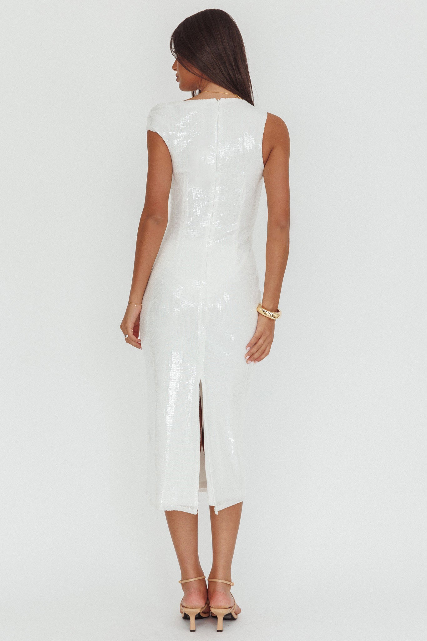 white club dress Country Club Asymmetric Neckline Midi Dress Sequin White