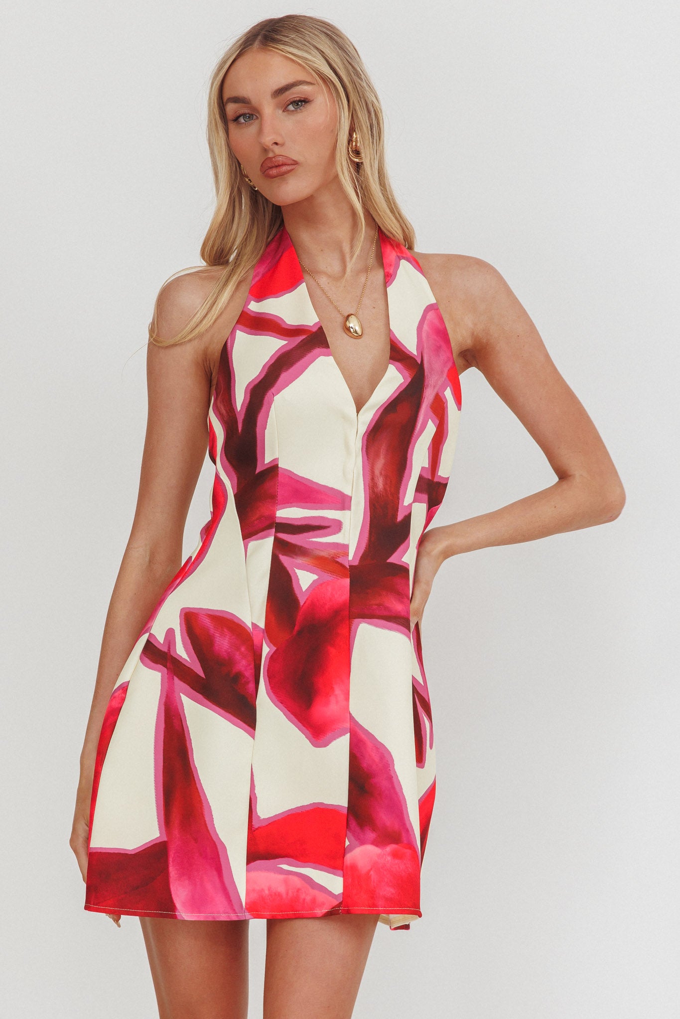 Elisabet Halter Neck Mini Dress Print Red by Selfie Leslie