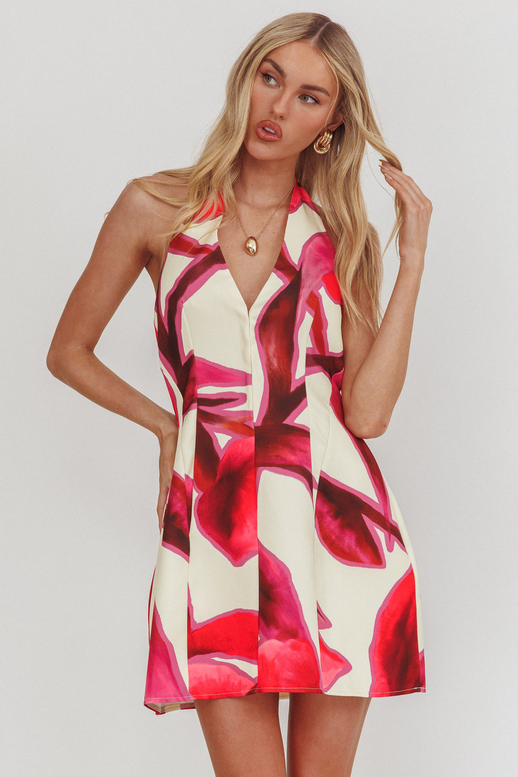 Elisabet Halter Neck Mini Dress Print Red by Selfie Leslie