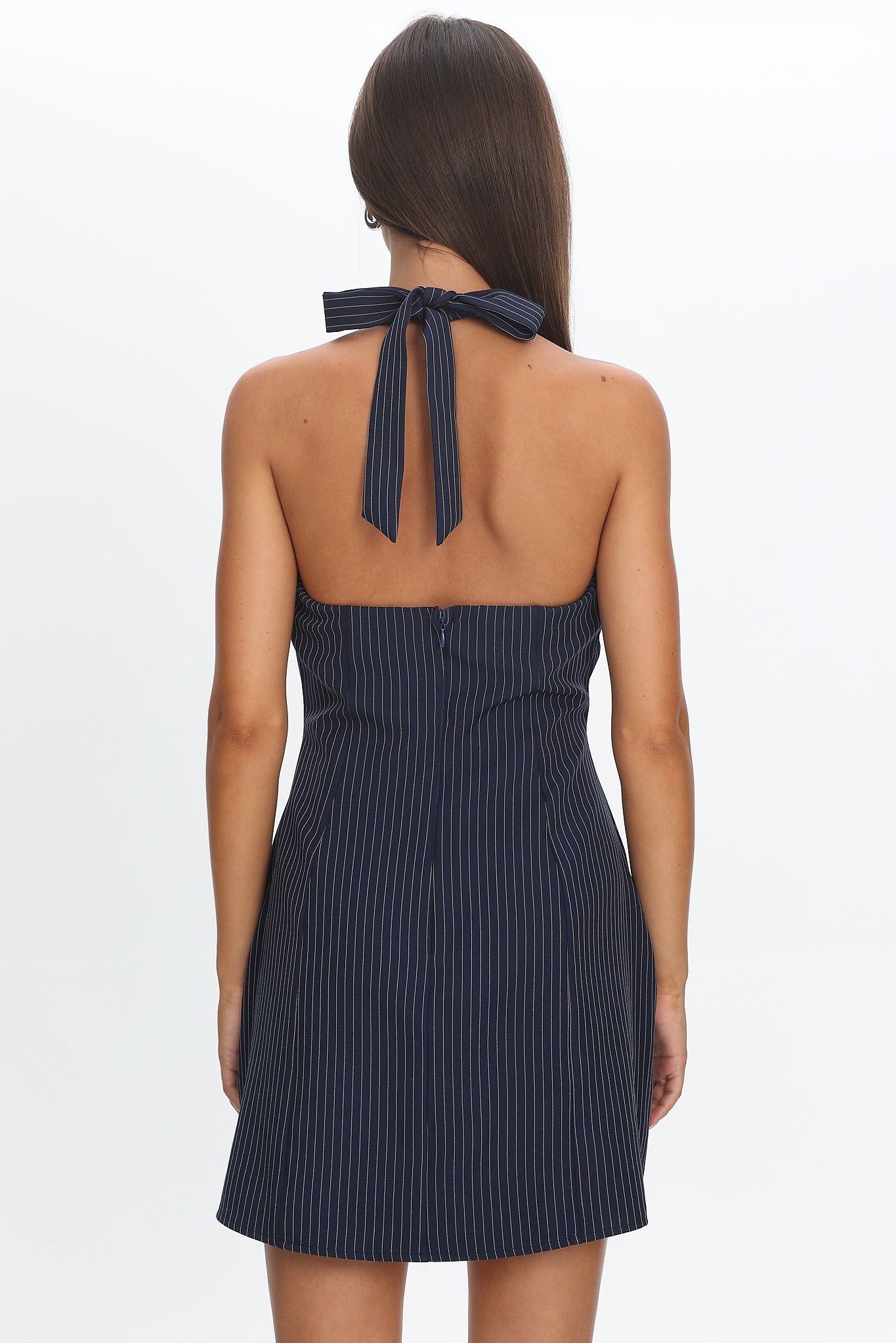 blue pinstripe mini dress Halterneck Tiered Hem Shirred Mini Dress In Blue Pinstripe | EGO US