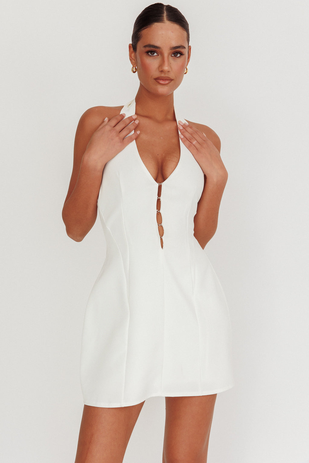 Elisabet Halter Neck Mini Dress Off White by Selfie Leslie