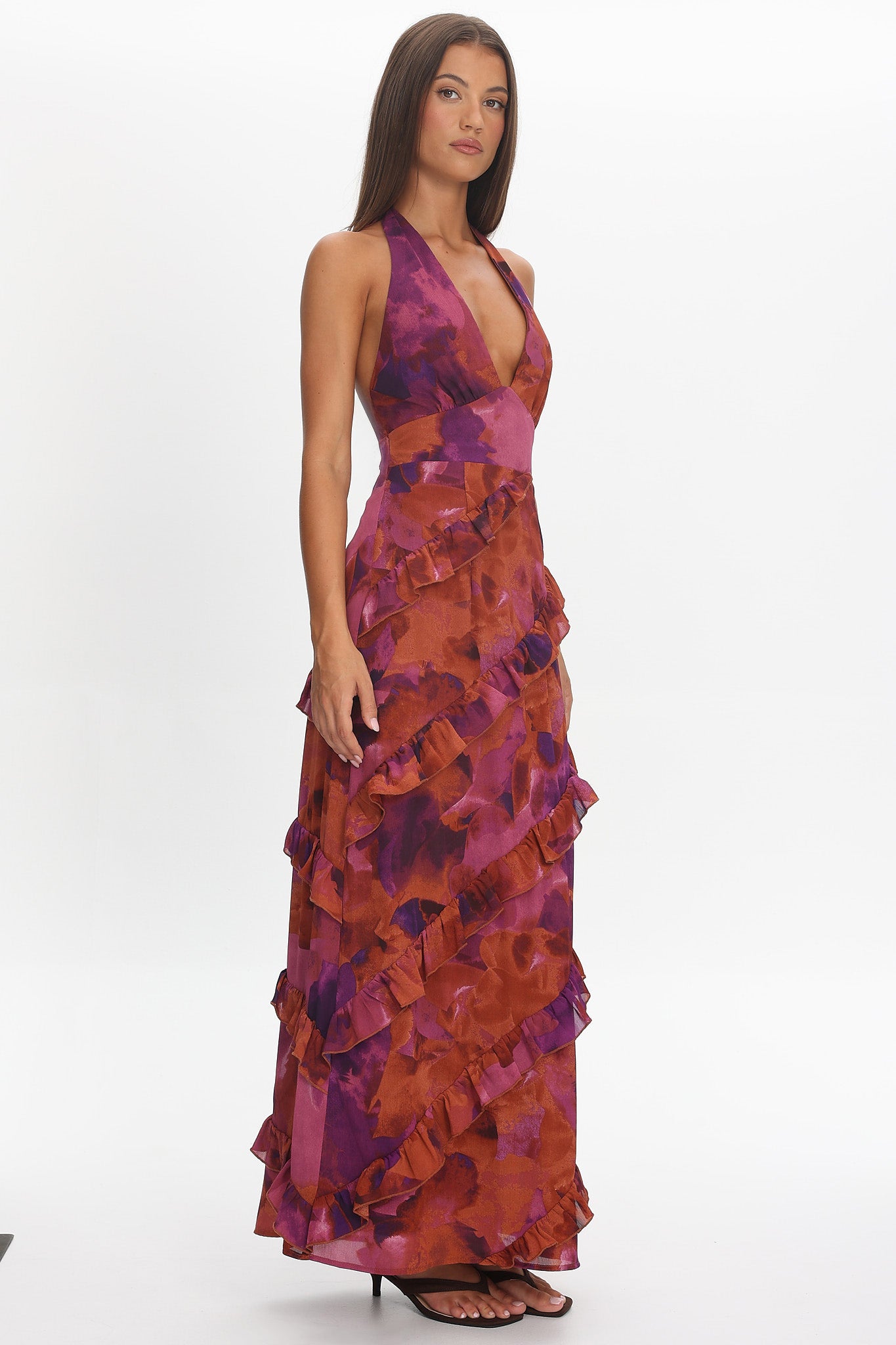 Flirt Frill Trim Halter Maxi Dress Dark Rose | Selfie Leslie
