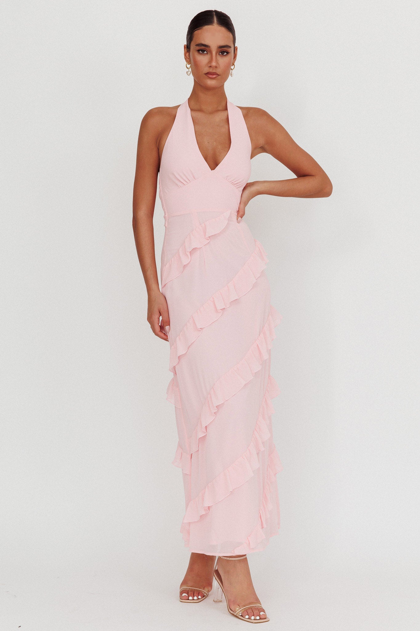Flirt Frill Trim Halter Maxi Dress Blush by Selfie Leslie