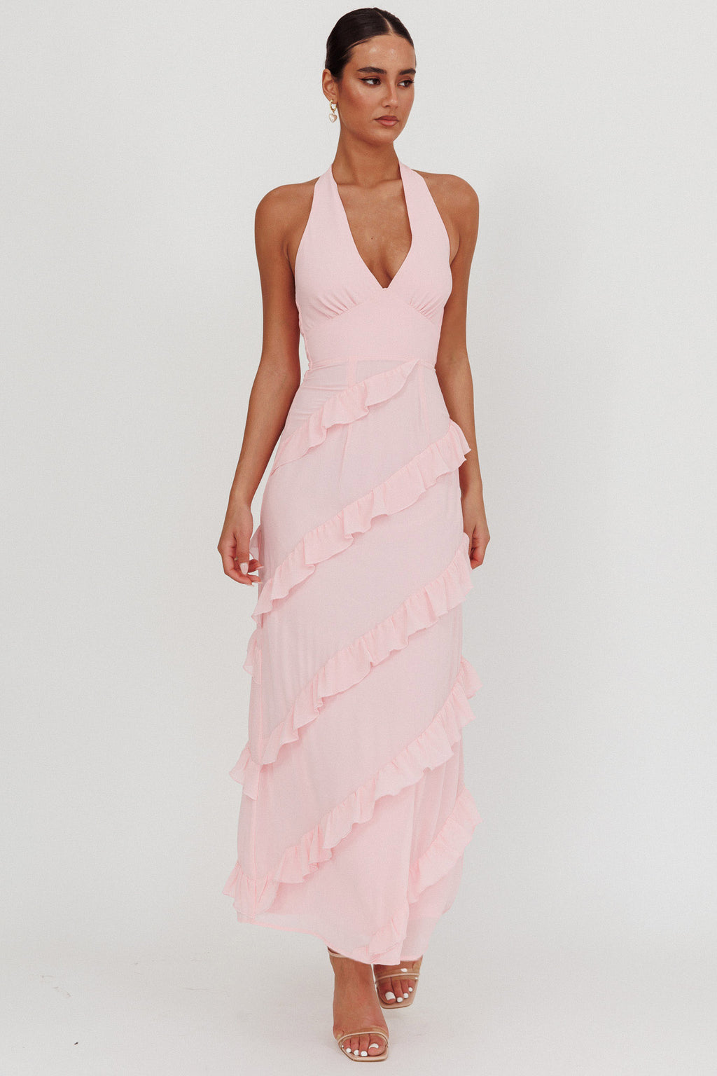 Flirt Frill Trim Halter Maxi Dress Blush by Selfie Leslie