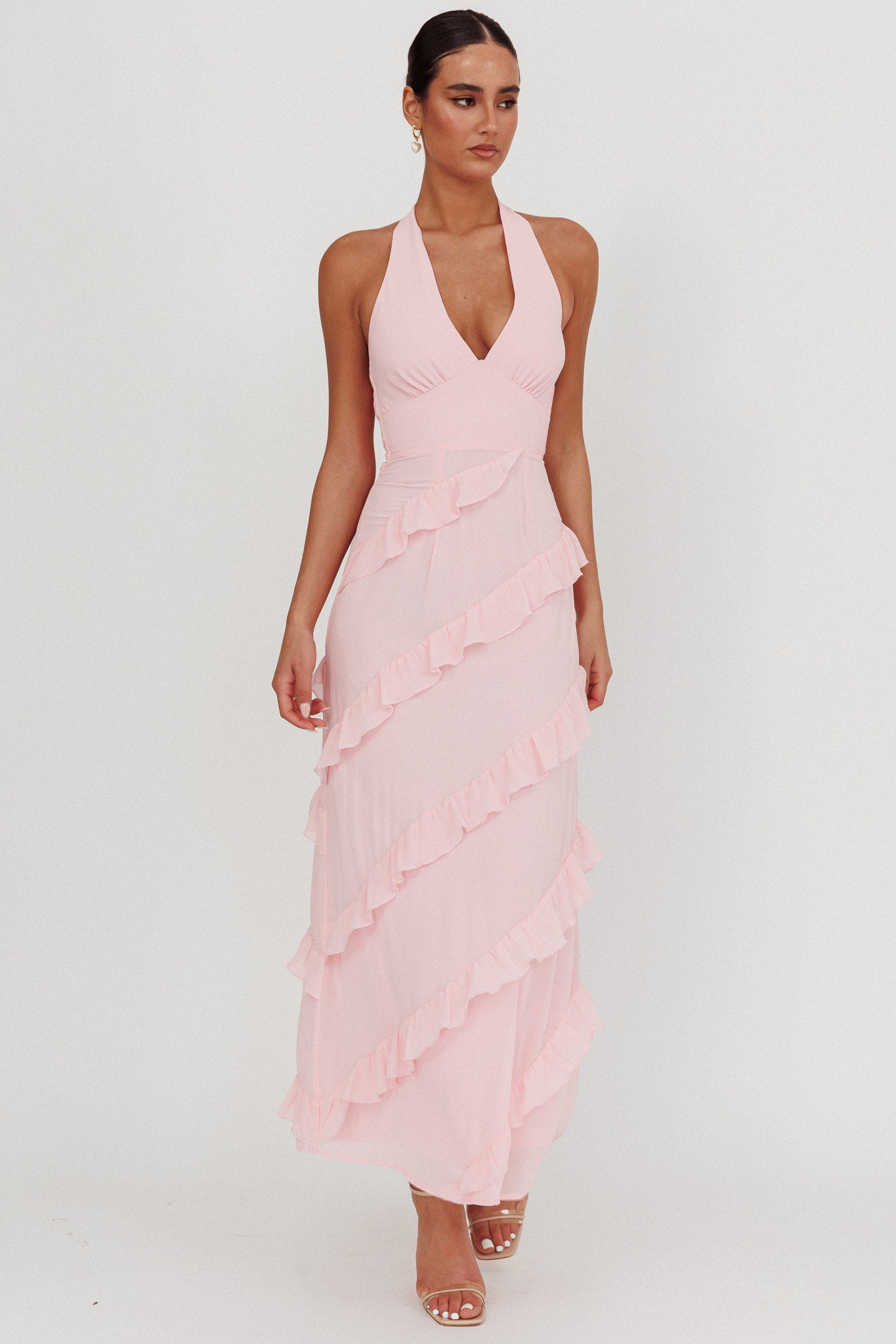 Flirt Frill Trim Halter Maxi Dress Blush by Selfie Leslie