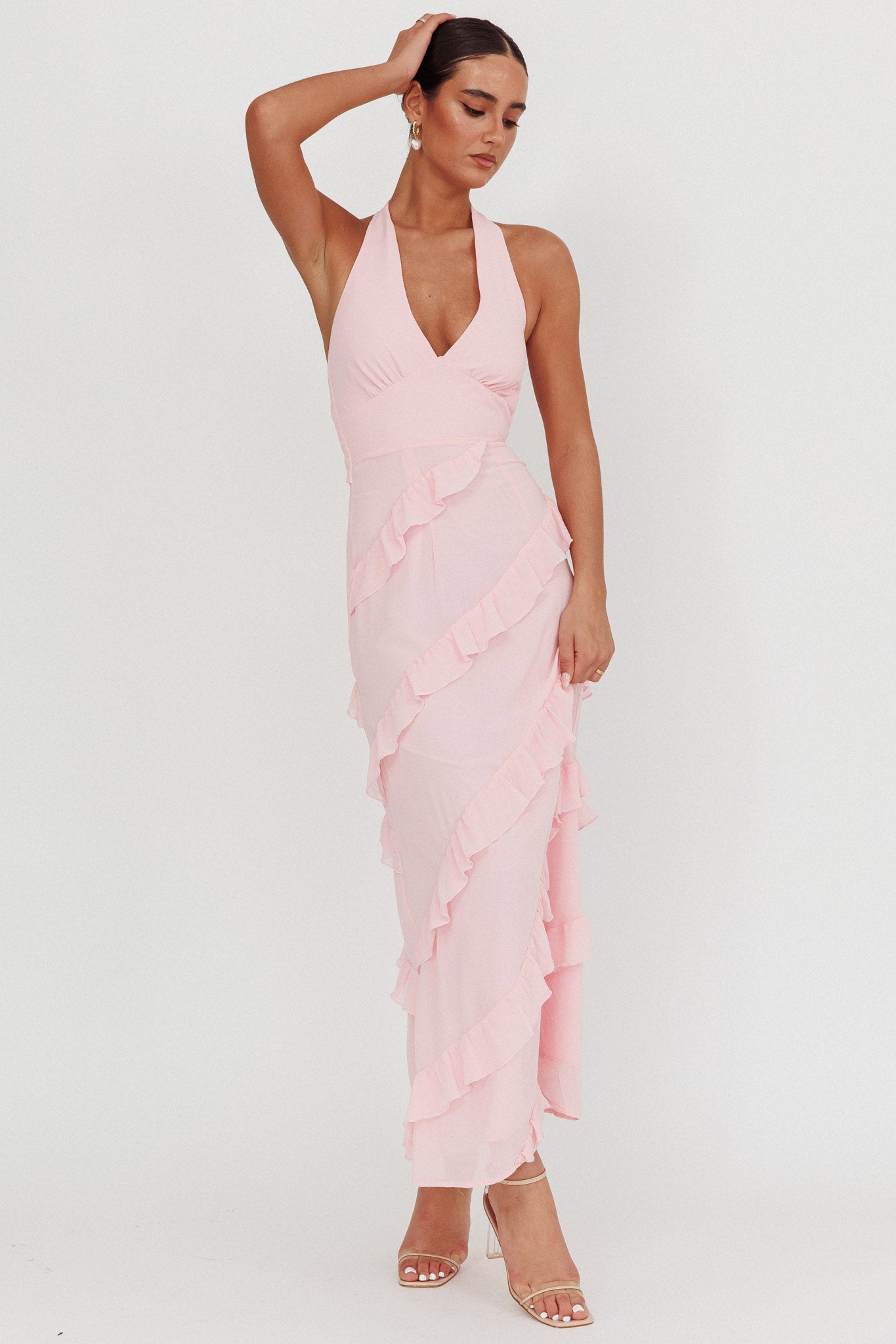 Flirt Frill Trim Halter Maxi Dress Blush by Selfie Leslie