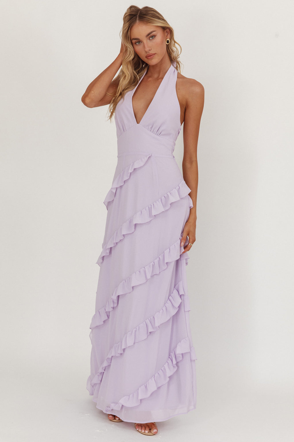 Flirt Frill Trim Halter Maxi Dress Lilac by Selfie Leslie