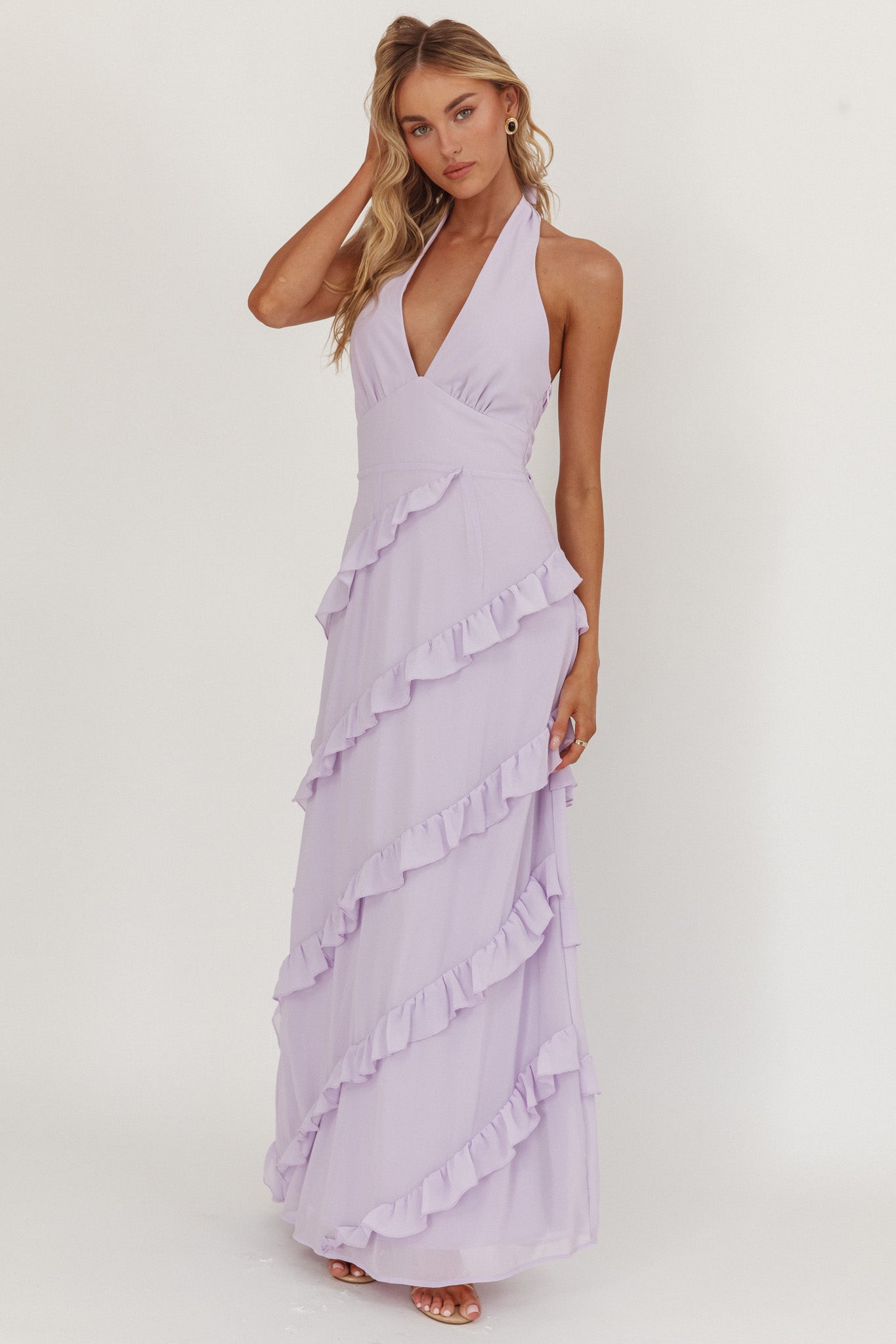 Flirt Frill Trim Halter Maxi Dress Lilac by Selfie Leslie