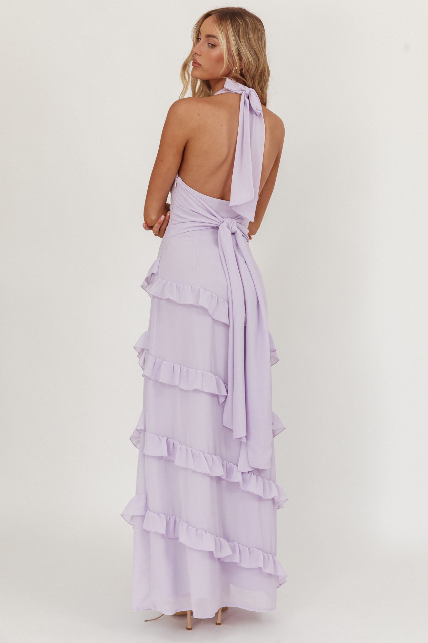 Flirt Frill Trim Halter Maxi Dress Lilac by Selfie Leslie