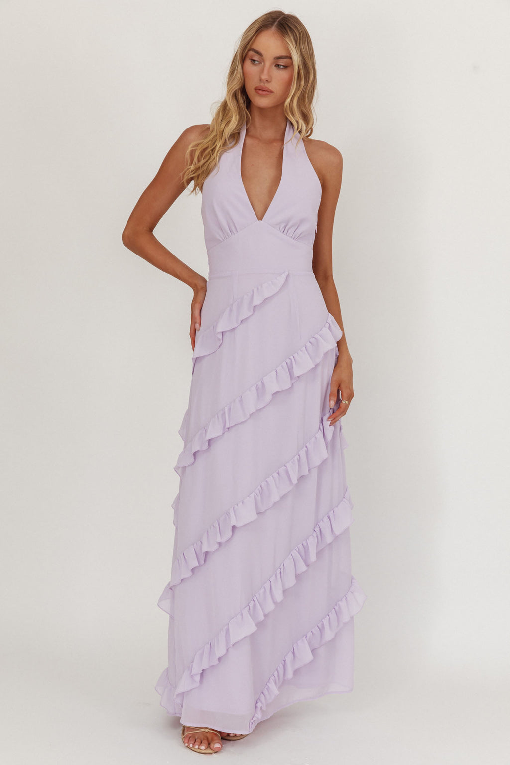 Flirt Frill Trim Halter Maxi Dress Lilac by Selfie Leslie