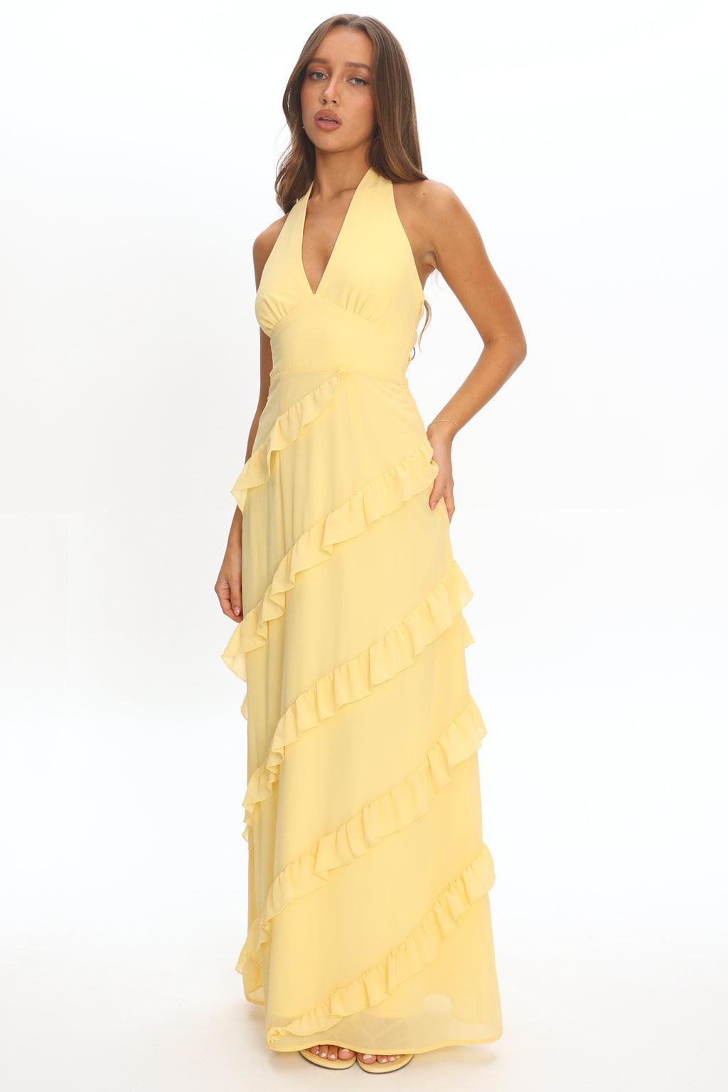 Flirt Frill Trim Halter Maxi Dress Lemon