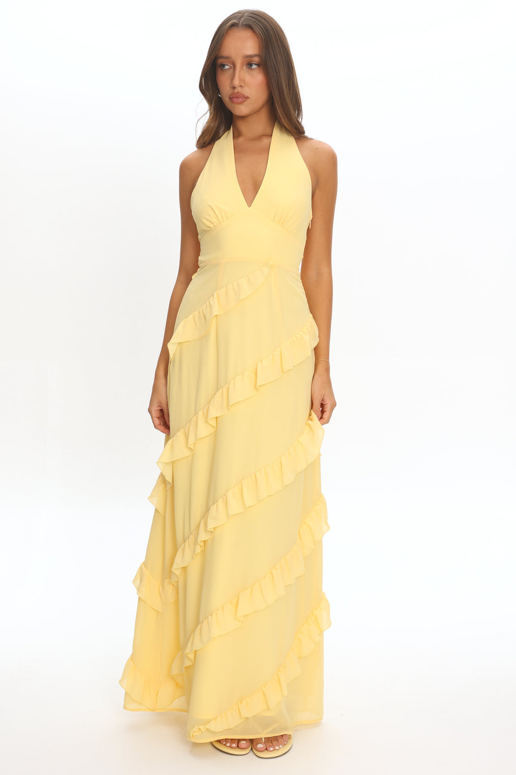 Flirt Frill Trim Halter Maxi Dress Lemon