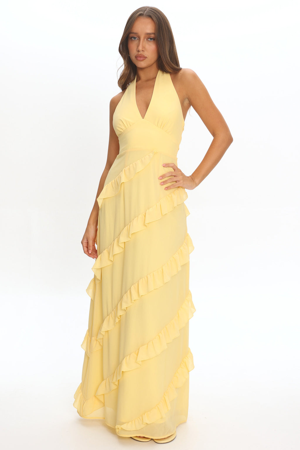 Flirt Frill Trim Halter Maxi Dress Lemon
