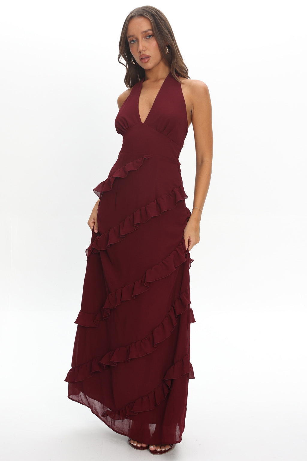 Flirt Frill Trim Halter Maxi Dress Wine