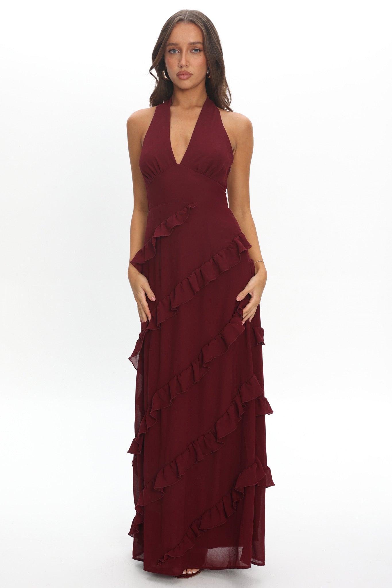 Flirt Frill Trim Halter Maxi Dress Wine | Selfie Leslie Flirt Frill Trim Halter Maxi Dress Wine | Selfie Leslie