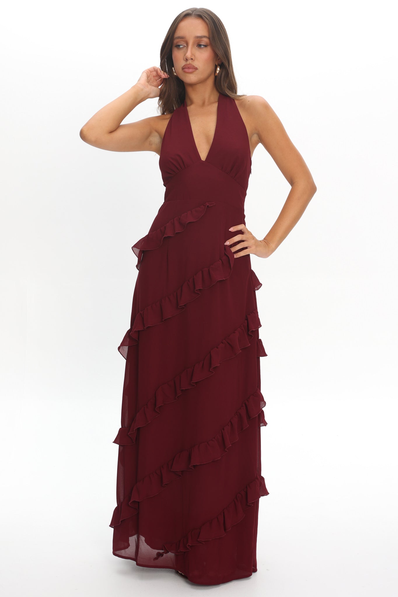 Flirt Frill Trim Halter Maxi Dress Wine | Selfie Leslie