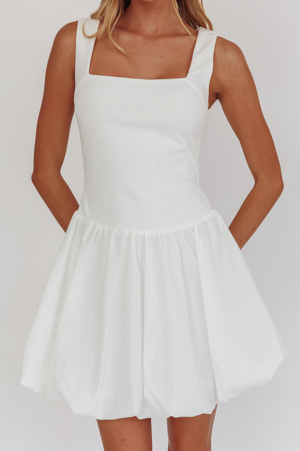 Like Art Square Neck Bubble Mini Dress White by Selfie Leslie