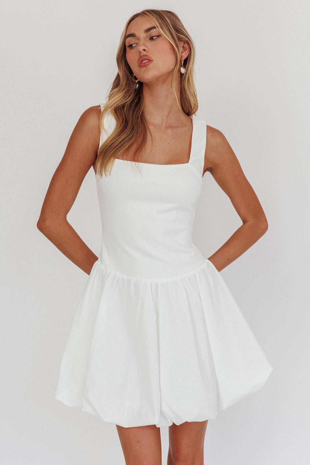 Like Art Square Neck Bubble Mini Dress White by Selfie Leslie