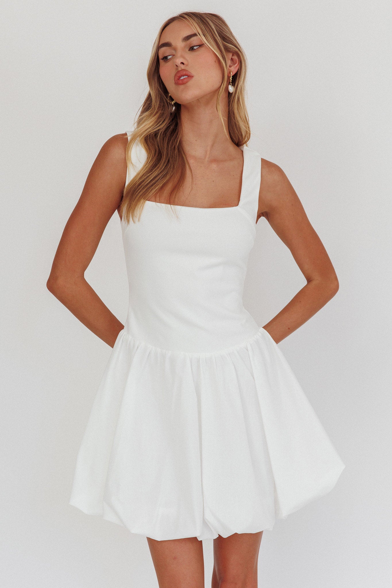 Like Art Square Neck Bubble Mini Dress White by Selfie Leslie