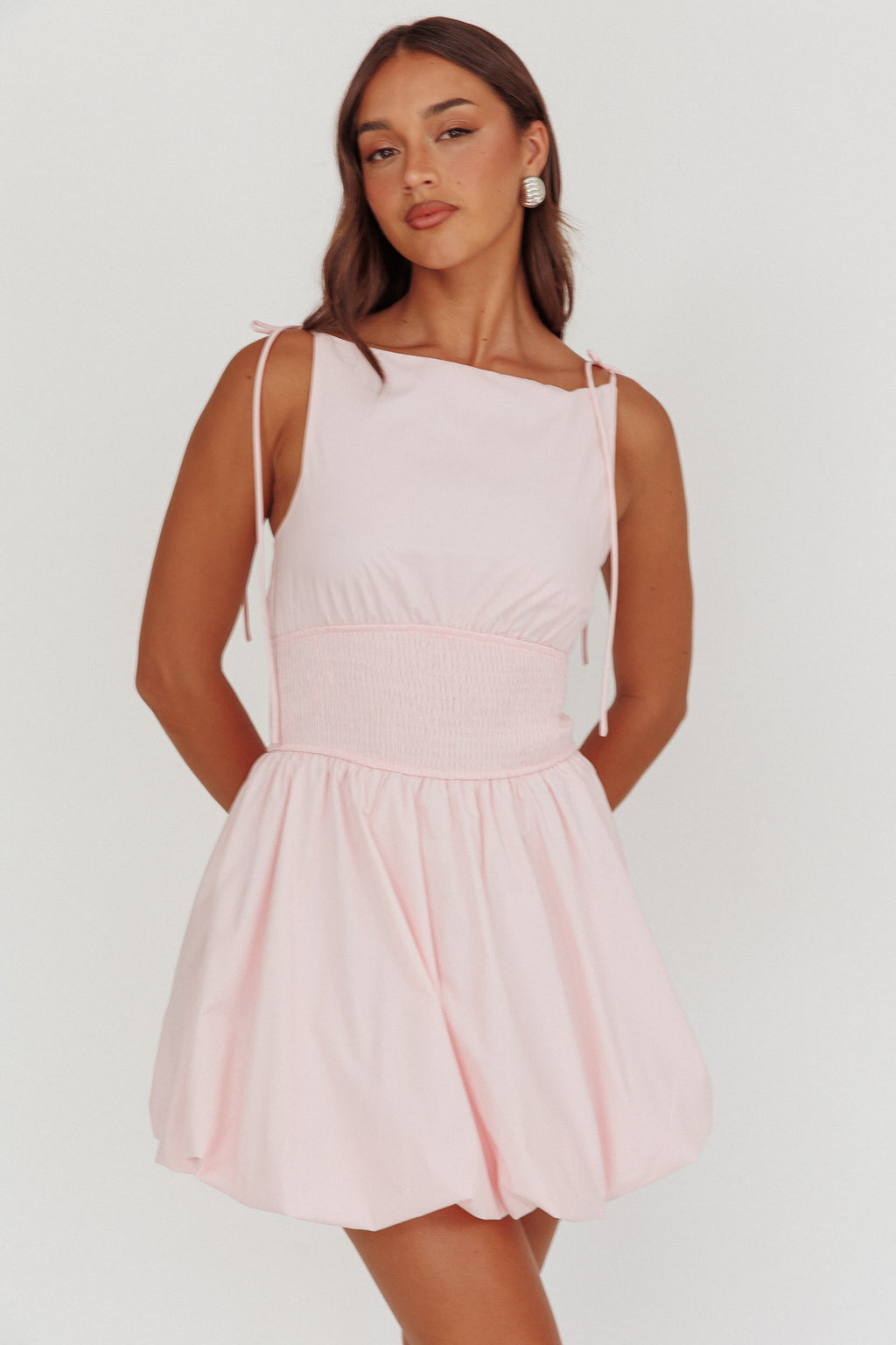 Like Art Tied Shoulder Bubble Mini Dress Pink by Selfie Leslie