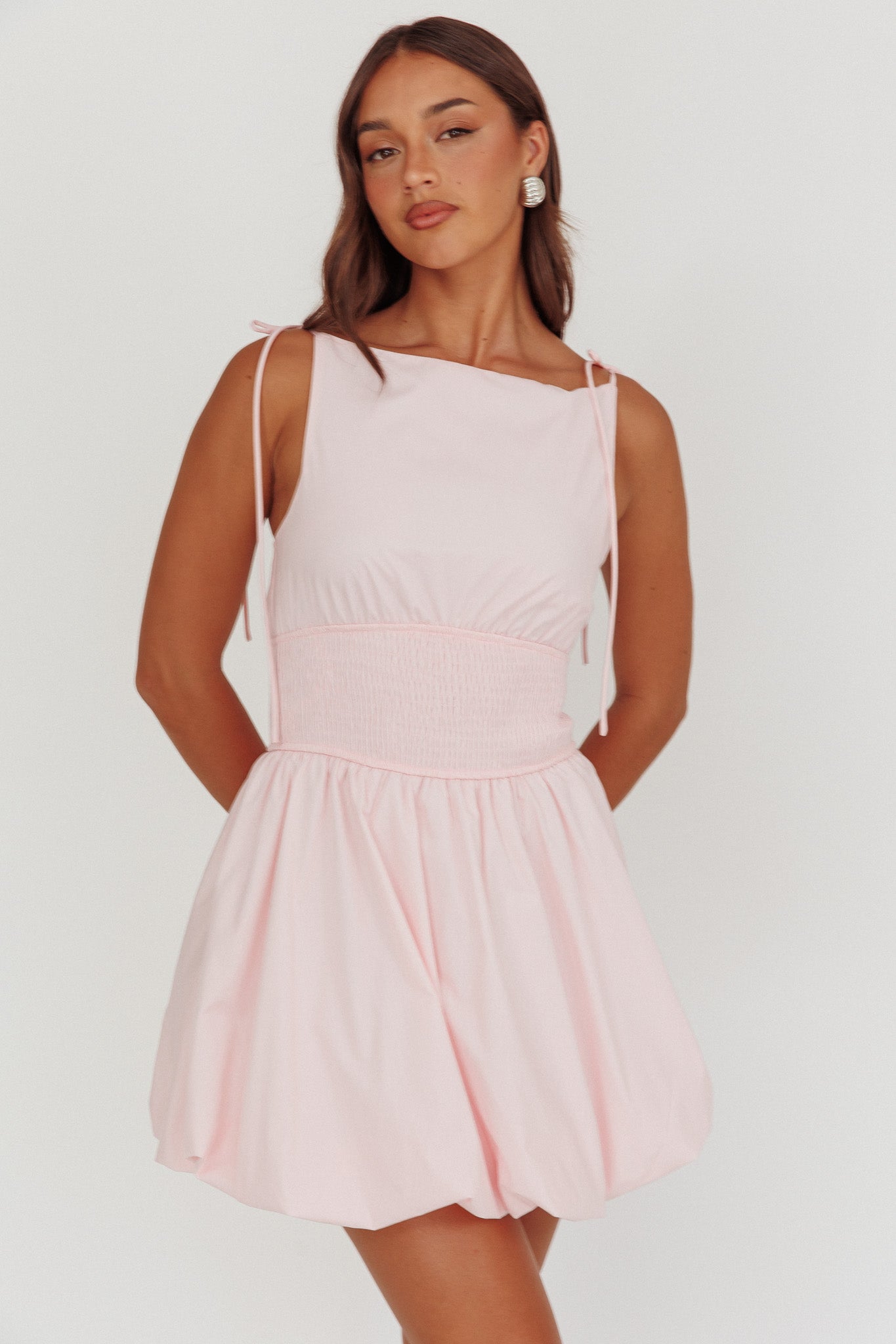 Like Art Tied Shoulder Bubble Mini Dress Pink by Selfie Leslie
