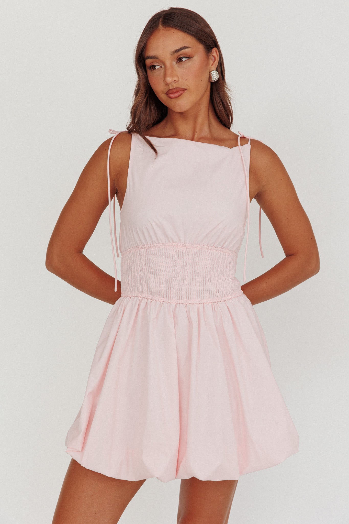 Like Art Tied Shoulder Bubble Mini Dress Pink by Selfie Leslie