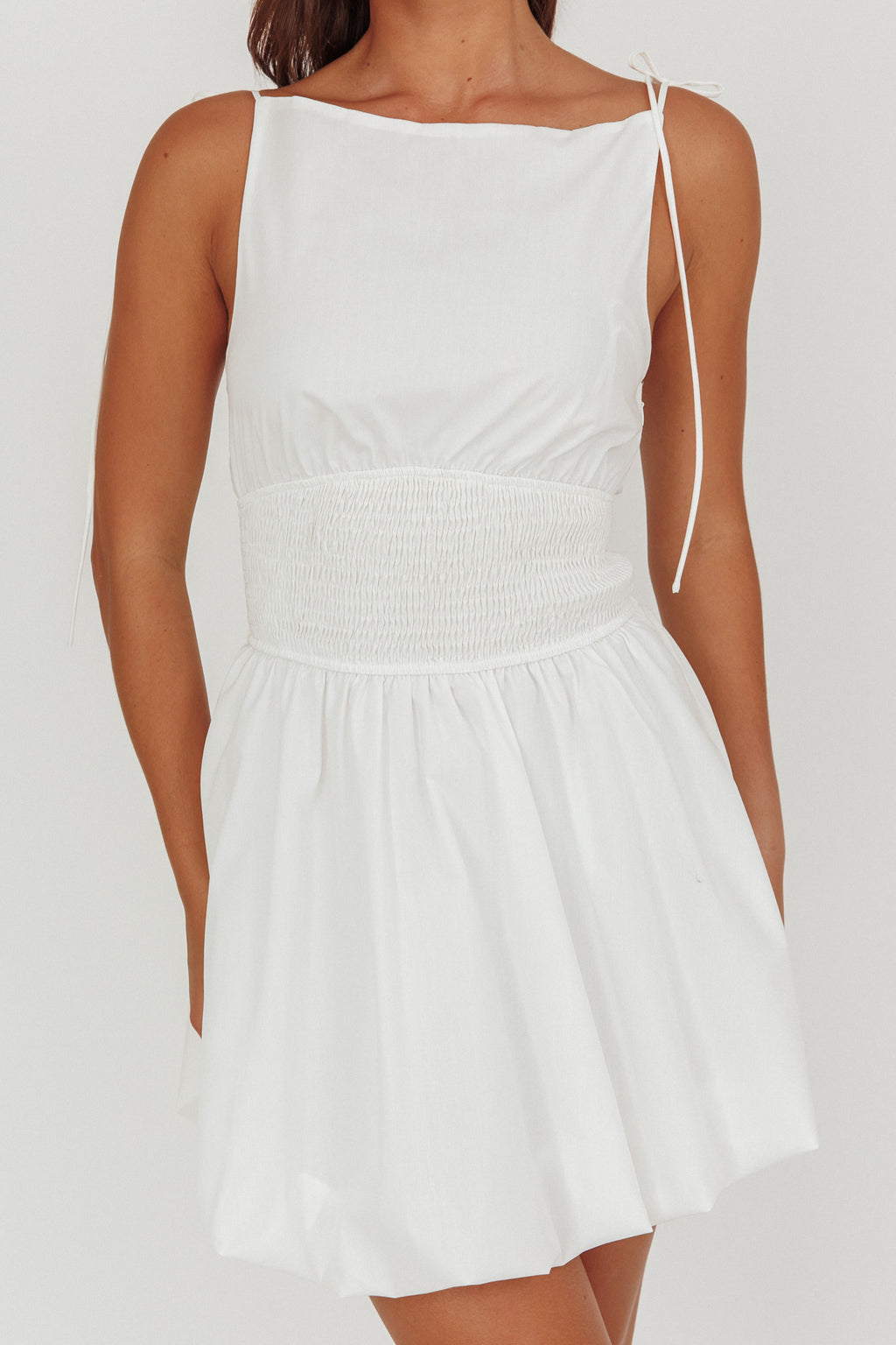 Like Art Tied Shoulder Bubble Mini Dress White by Selfie Leslie