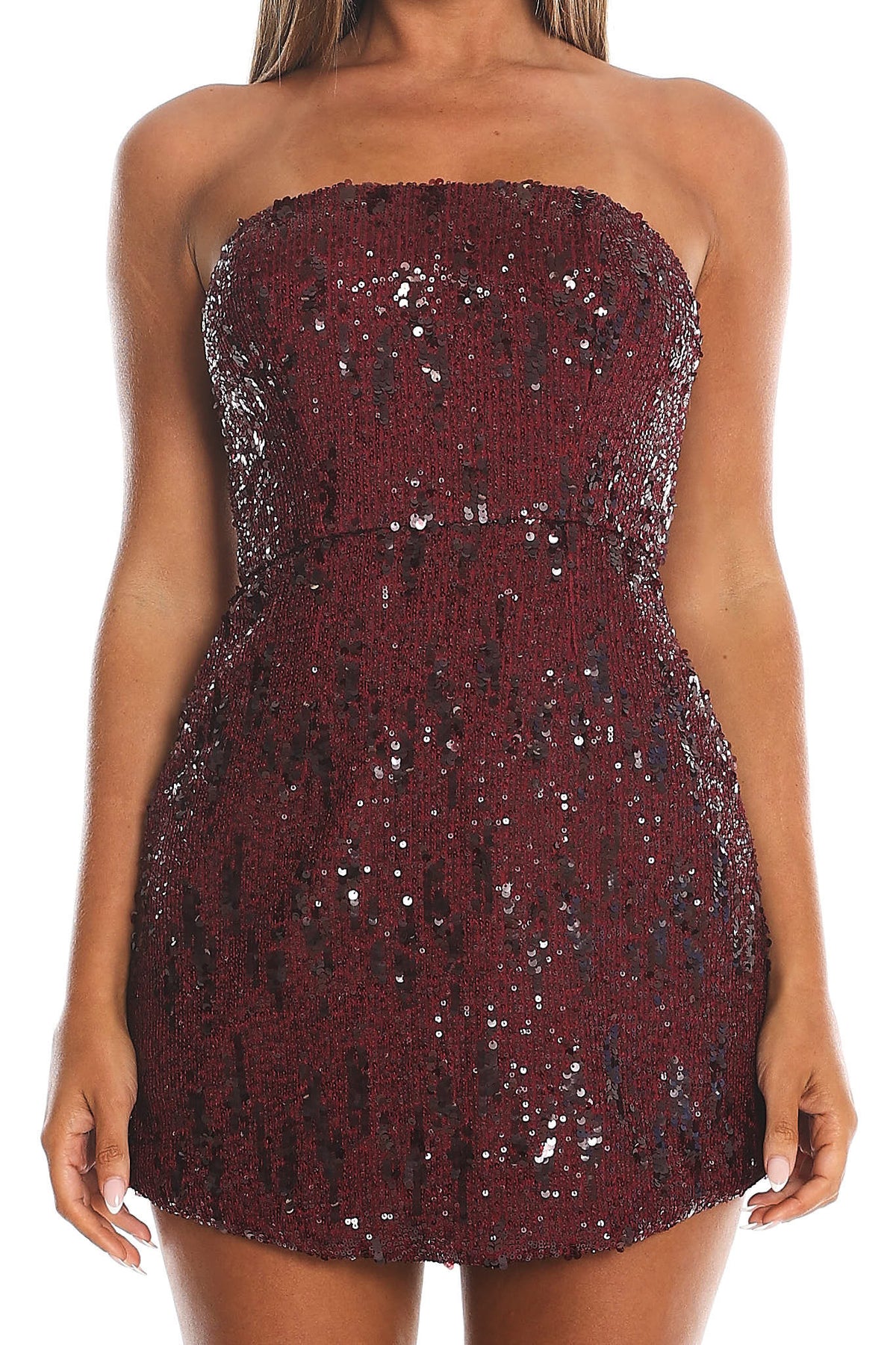 Entered The Chat Strapless Mini Dress Sequin Wine by Selfie Leslie