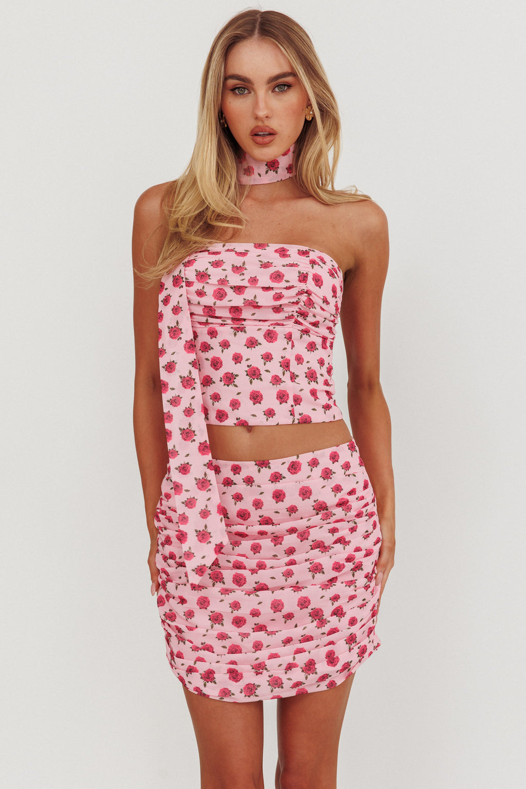 Charise Ruched Mini Skirt Roses Pink by Selfie Leslie