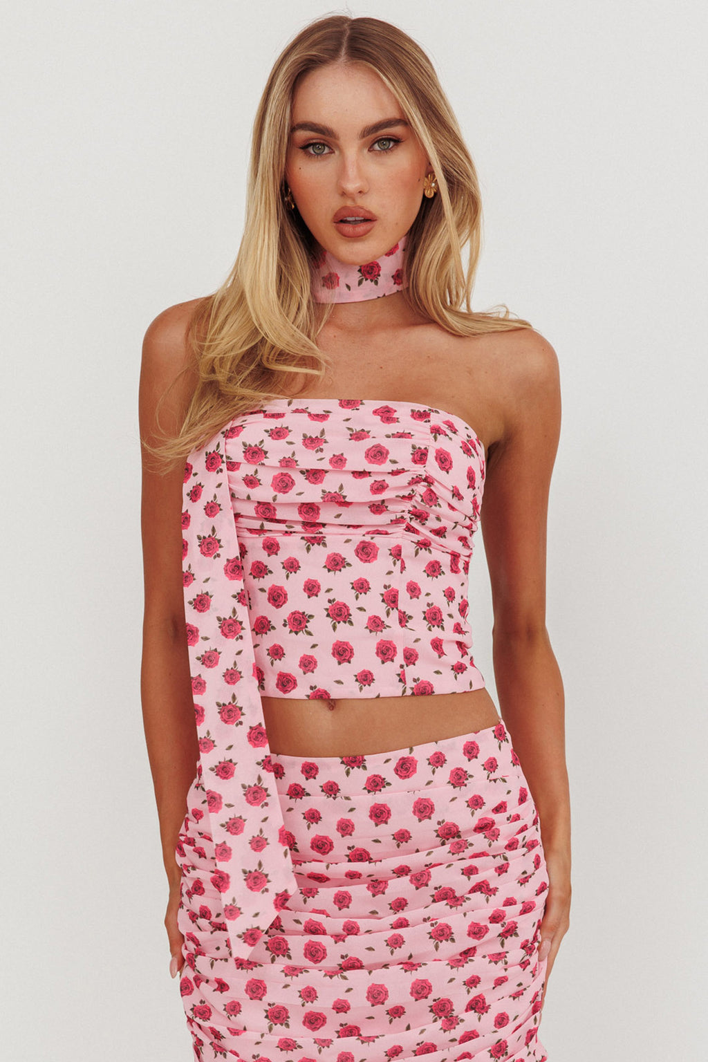 Charise Strapless Neck Tie Top Roses Pink by Selfie Leslie