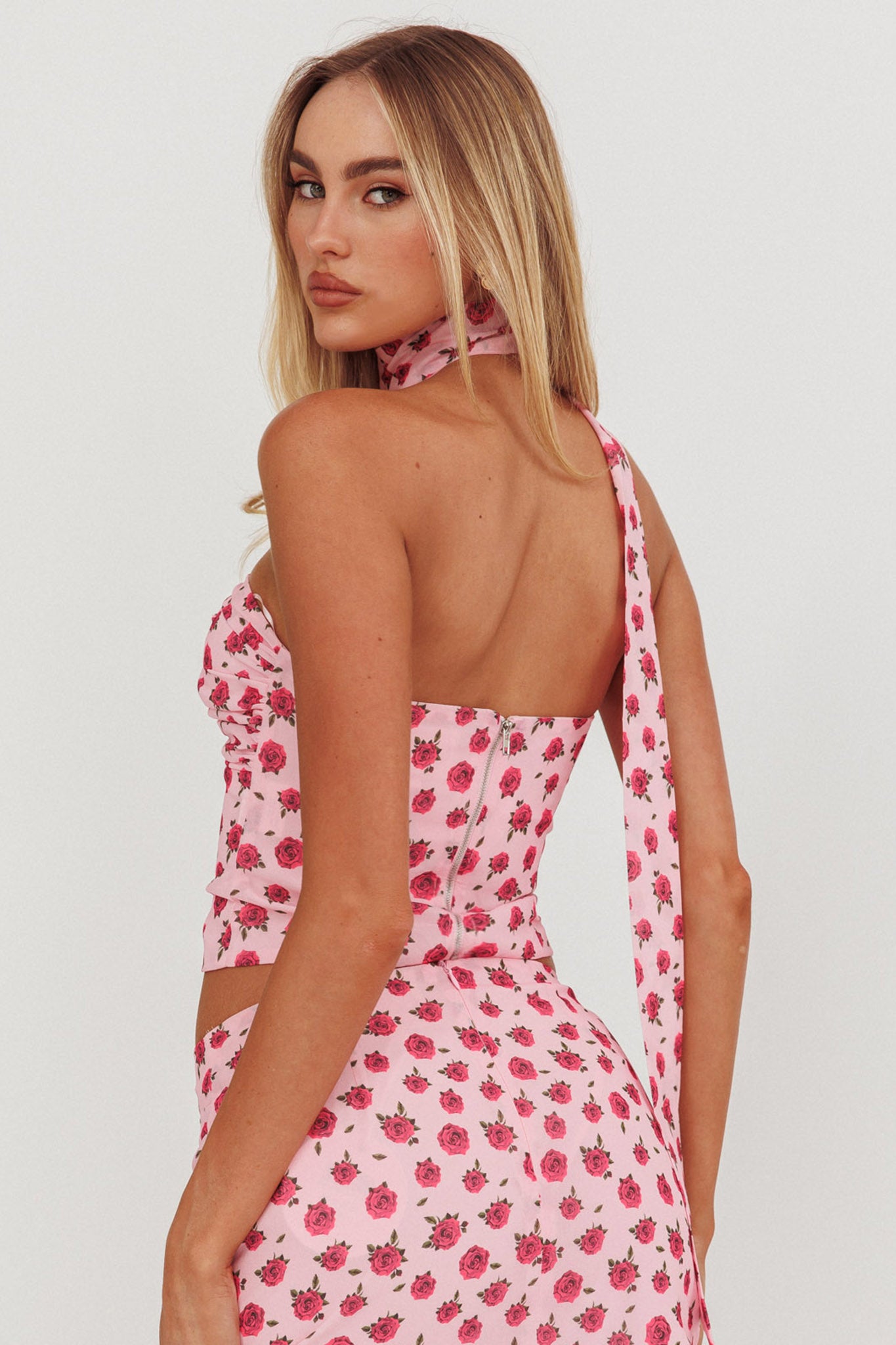 Charise Strapless Neck Tie Top Roses Pink by Selfie Leslie