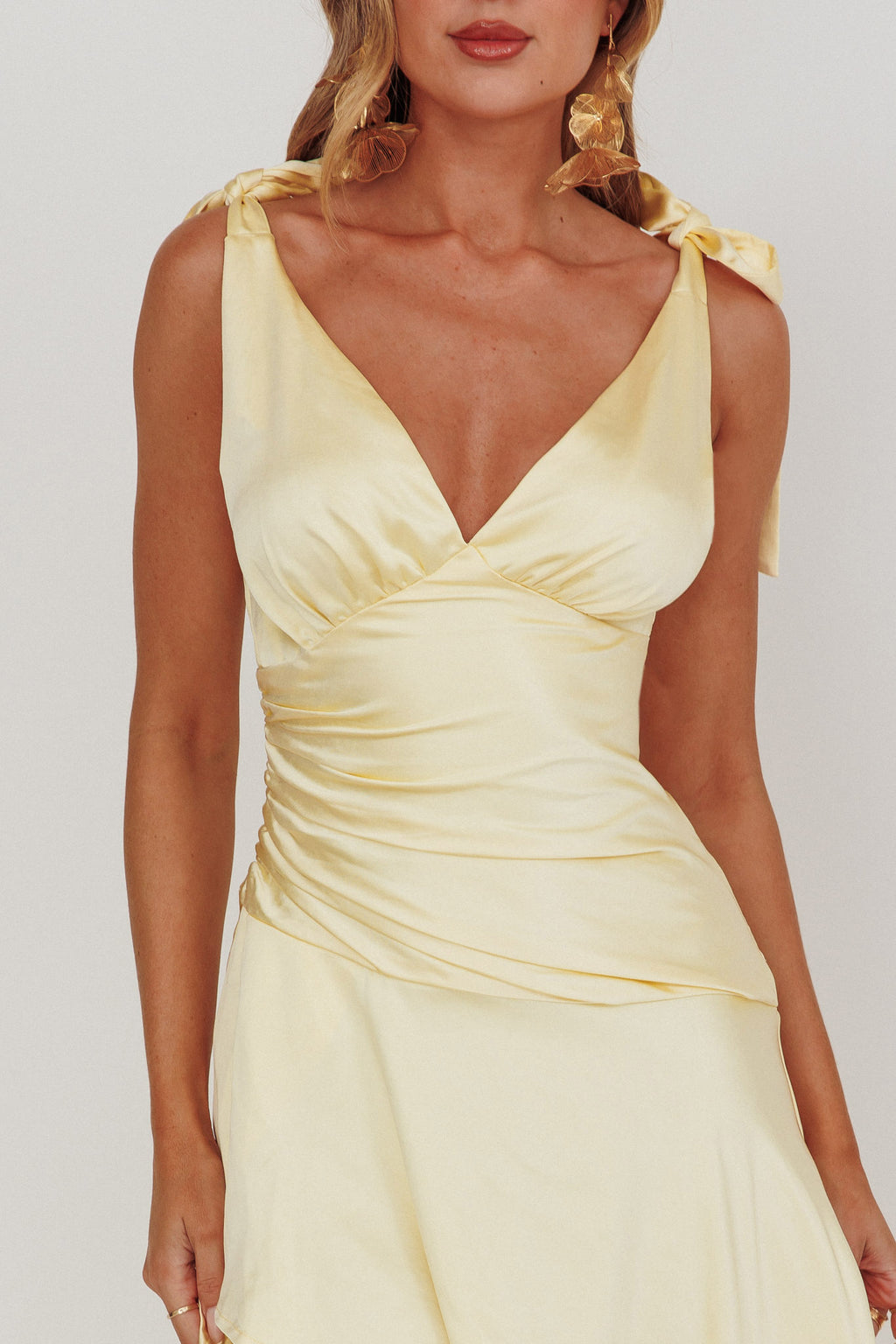 Aquila Tied Shoulder High-Low Hem Dress Lemon by Selfie Leslie