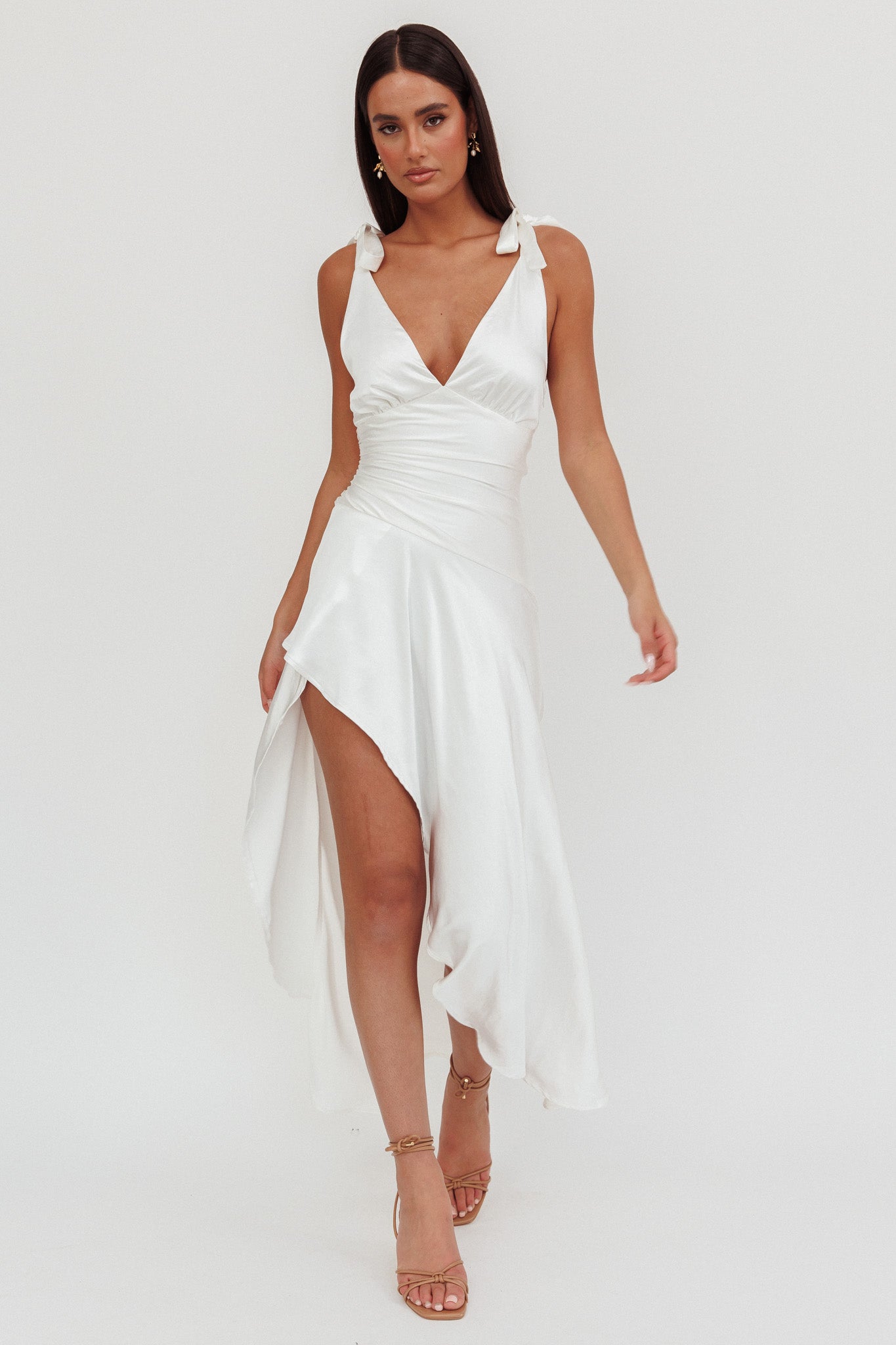 Aquila Tied Shoulder High-Low Hem Dress Oyster by Selfie Leslie