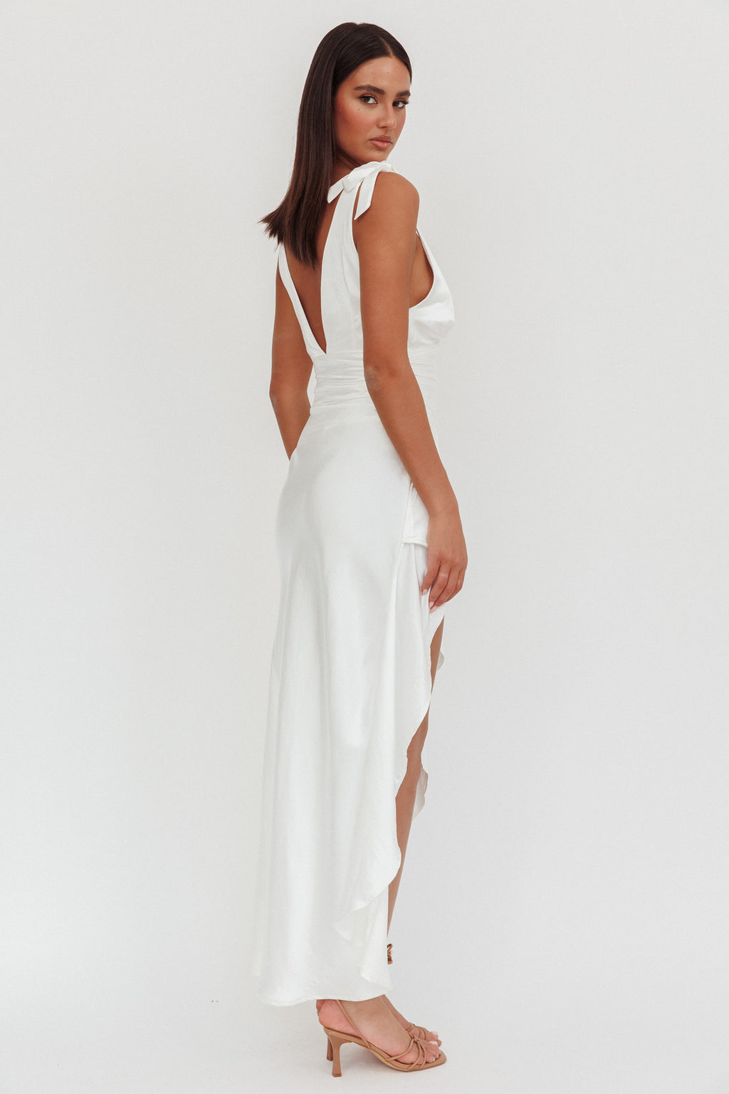 Aquila Tied Shoulder High-Low Hem Dress Oyster by Selfie Leslie