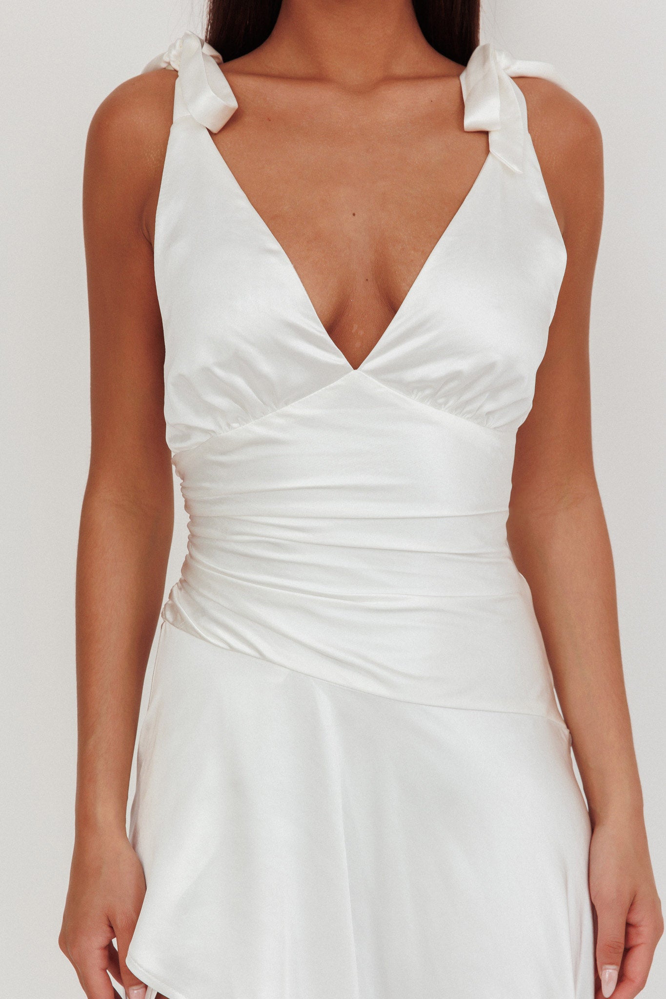 Aquila Tied Shoulder High-Low Hem Dress Oyster | Selfie Leslie