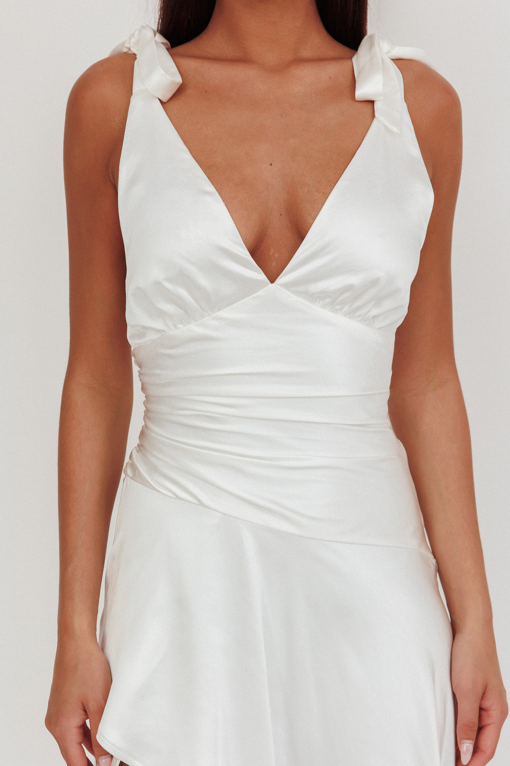 Aquila Tied Shoulder High-Low Hem Dress Oyster by Selfie Leslie